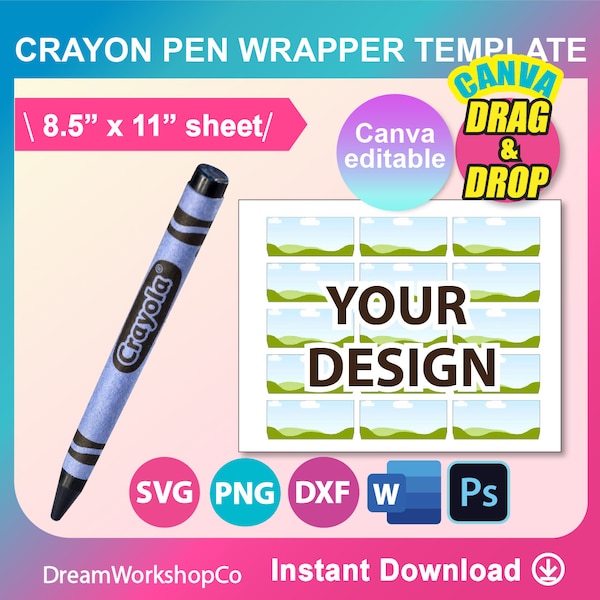 Crayon, Wax Color Pen Wrapper Template, Wax Color Pen Label Template,  Canva, Ms word, PSD, PNG, SVG, Dxf, 8.5" x 11" sheet, Printable