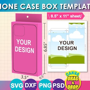 Plantilla de caja de regalo para funda de teléfono, Canva, SVG, DXF, MS Word, PNG, PSD, hoja de 21,6 x 28 cm