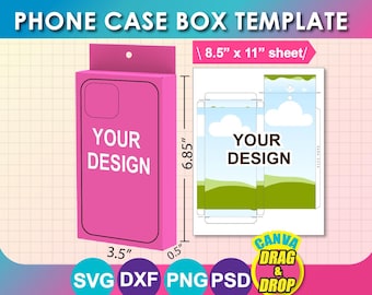 Plantilla de caja de regalo para funda de teléfono, Canva, SVG, DXF, MS Word, PNG, PSD, hoja de 21,6 x 28 cm