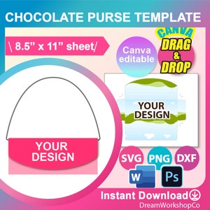 Chocolate Bar Purse Template, 1.55oz Chocolate Bar Purse Template SVG, DXF, Canva, Ms Word Docx, Png, PSD, 8.5&quot;x11&quot; sheet, Printable