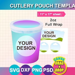 Op de afbeelding: Een digitale sjabloon voor een bestekzakje, met een cilindrische container met een verloop van blauw, paars en roze. De tekst "YOUR DESIGN" staat op de container. De sjabloon bevat een vel van 28 cm x 43 cm en is een 2 oz full wrap ontwerp.