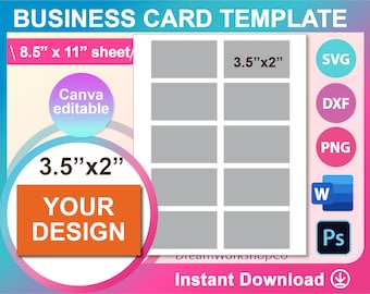 Business Card Template, Blank Template, SVG, DXF, Canva, Ms Word docx, Png, Psd, 8.5"x11" sheet, Printable, Instant Download