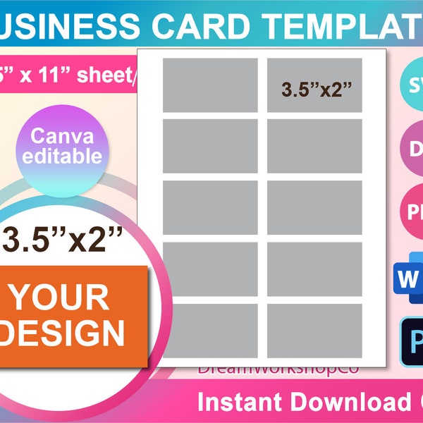 Business Card Template, Blank Template, SVG, DXF, Canva, Ms Word docx, Png, Psd, 8.5"x11" sheet, Printable, Instant Download