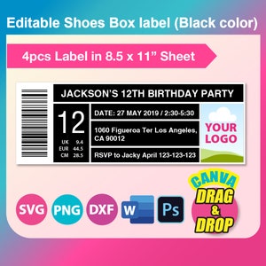 Shoe box label Template, SVG, DXF, Png, Canva, Ms Word Docx, PDF, Printable, 8.5&quot; x 11&quot; sheet. Instant Download