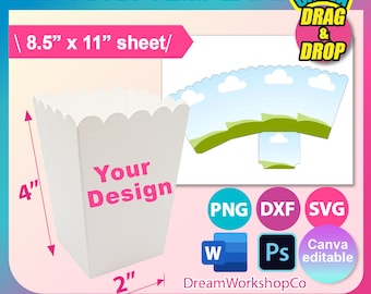 Modello scatola pop corn, modello scatola snack, Canva, SVG, DXF, Ms Word Docx, Png, Psd, foglio 8,5"x11", stampabile