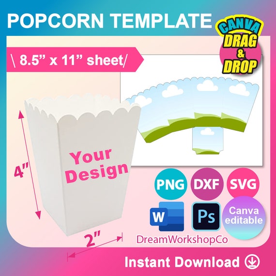 Modello scatola pop corn, modello scatola snack, Canva, SVG, DXF