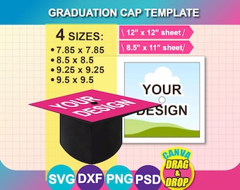 4 Sizes Graduation Cap Template, Graduation Hat Template, Canva, Psd, SVG, DXF, Png, 12 x 12 / 8.5 x 11, instant download