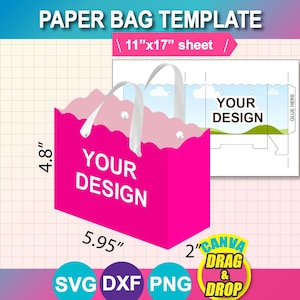 Puede incluir: Una plantilla de bolsa de papel rosa intenso con asas blancas y el texto "YOUR DESIGN". La bolsa mide 15,1 cm de ancho, 12,2 cm de alto y 5,1 cm de profundidad. La plantilla incluye un diseño para una hoja de 27,9 cm x 43,2 cm.