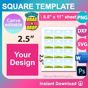 2,5 "x 2,5" Visitenkarte Vorlage, SVG, DXF, Ms Word docx, Canva, Png, Psd, 8,5 "x 11" Blatt, bedruckbar, Instant Download