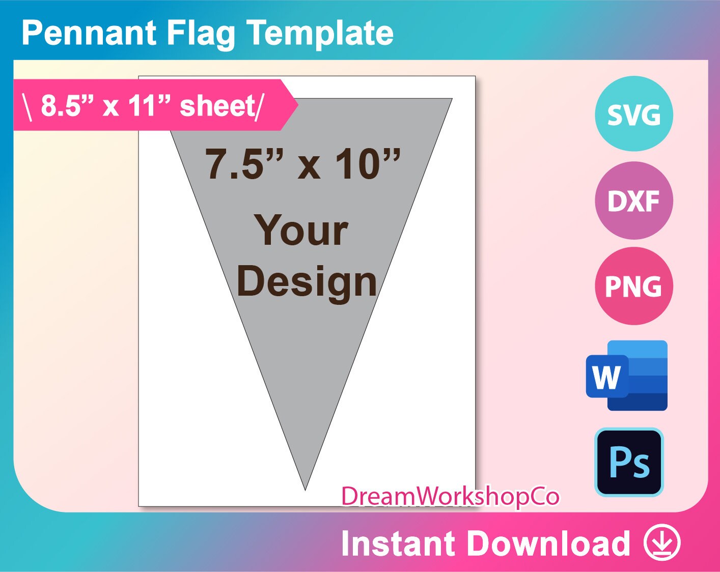Instant Download Ms word PNG 8.5x11 sheet Dxf Banner Flag Template Bunting Banner Template SVG Printable PSD