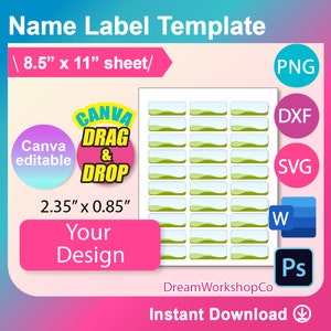 名前ラベル テンプレート、SVG、DXF、Canva、Ms Word Docx、Png、Psd、8.5"x11" シート、印刷可能