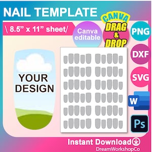 Nail Template, Nail Template SVG, DXF, Canva, Ms Word Docx, Png, PSD, 8.5"x11" sheet, Printable