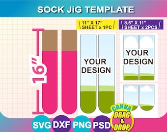Youth Sock Jig Template, sublimation, SVG, DXF,Png, Psd, 11"x17", 8.5"x11" sheet, Printable