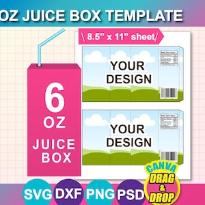 6oz Juice Box Wrapper Template, SVG, DXF, Canva, Ms Word Docx, Png, Psd, 8.5"x11" sheet, Printable