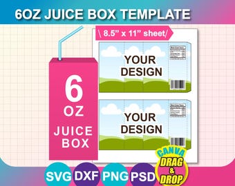 6 Unzen Saft Box Wrapper Vorlage, SVG, DXF, Canva, Ms Word Docx, Png, Psd, 8,5 "x11" Blatt, bedruckbar