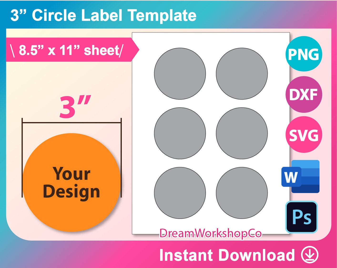 3inch Circle Template, Circle Label Template, Circe Label Template, SVG, DXF, Ms Word docx, Png, Psd, 8.5