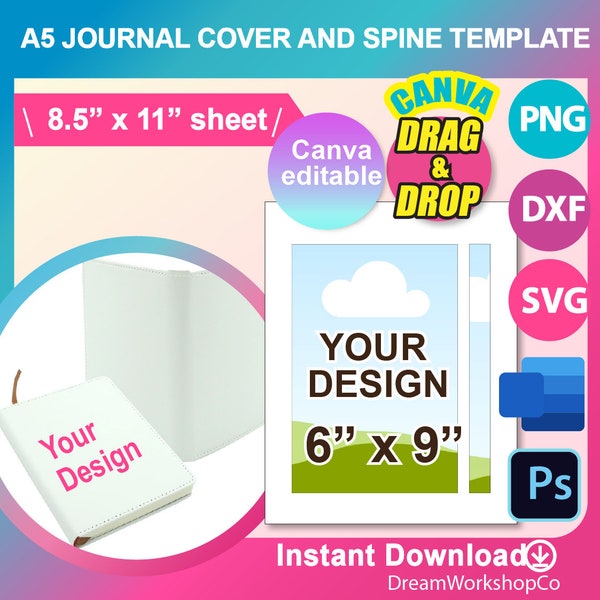 A5 Journal Sublimation Template, A5 note book Template for Sublimation SVG, Cover and Spine Canva, DXF, Ms Word, Png, Psd, 8.5 x 11