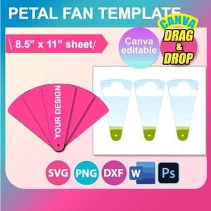 Petal fan, Wedding fan, Paddle Fan Template, PSD, SVG, DXF, Canva, Ms Word Docx, Png, 8.5&quot;x11&quot; sheet, Printable, Instant Download