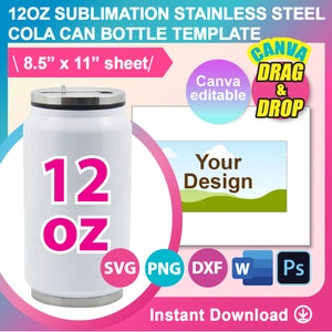 12oz Sublimation Stainless Steel Can Bottle Template, Sublimation Template, SVG, DXF, Canva, DOCX, Png, Psd, 8.5&quot;x11&quot; sheet, Printable