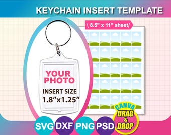 May include: A keychain insert template with the text "KEYCHAIN INSERT TEMPLATE". The insert size is 1.8" x 1.25". The image also includes a sheet with multiple landscape photo placeholders and the text "CANVA DRAG & DROP".