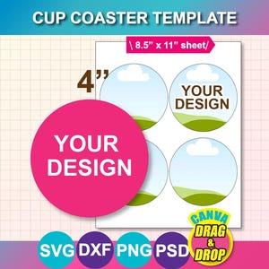 4inch Cup Coaster Template, Coaster template SVG, DXF, Canva, Ms Word Docx, Png, Psd, Sublimation 8.5"x11" sheet, Printable
