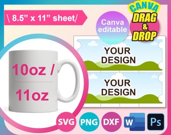 11oz Mug Template, 11oz Mug Full Wrap Template, Sublimation Template, Canva, SVG, DXF, Ms Word Docx, Png, Psd, 8.5"x11" sheet, Printable
