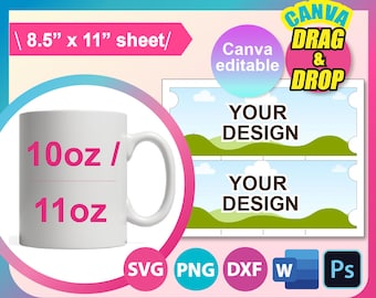 11 Unzen Tasse Vorlage, 11 Unzen Tasse Voll Wrap Vorlage, Sublimationsvorlage, Canva, SVG, DXF, Ms Word Docx, Png, Psd, 8,5 "x 11" Bogen, printable