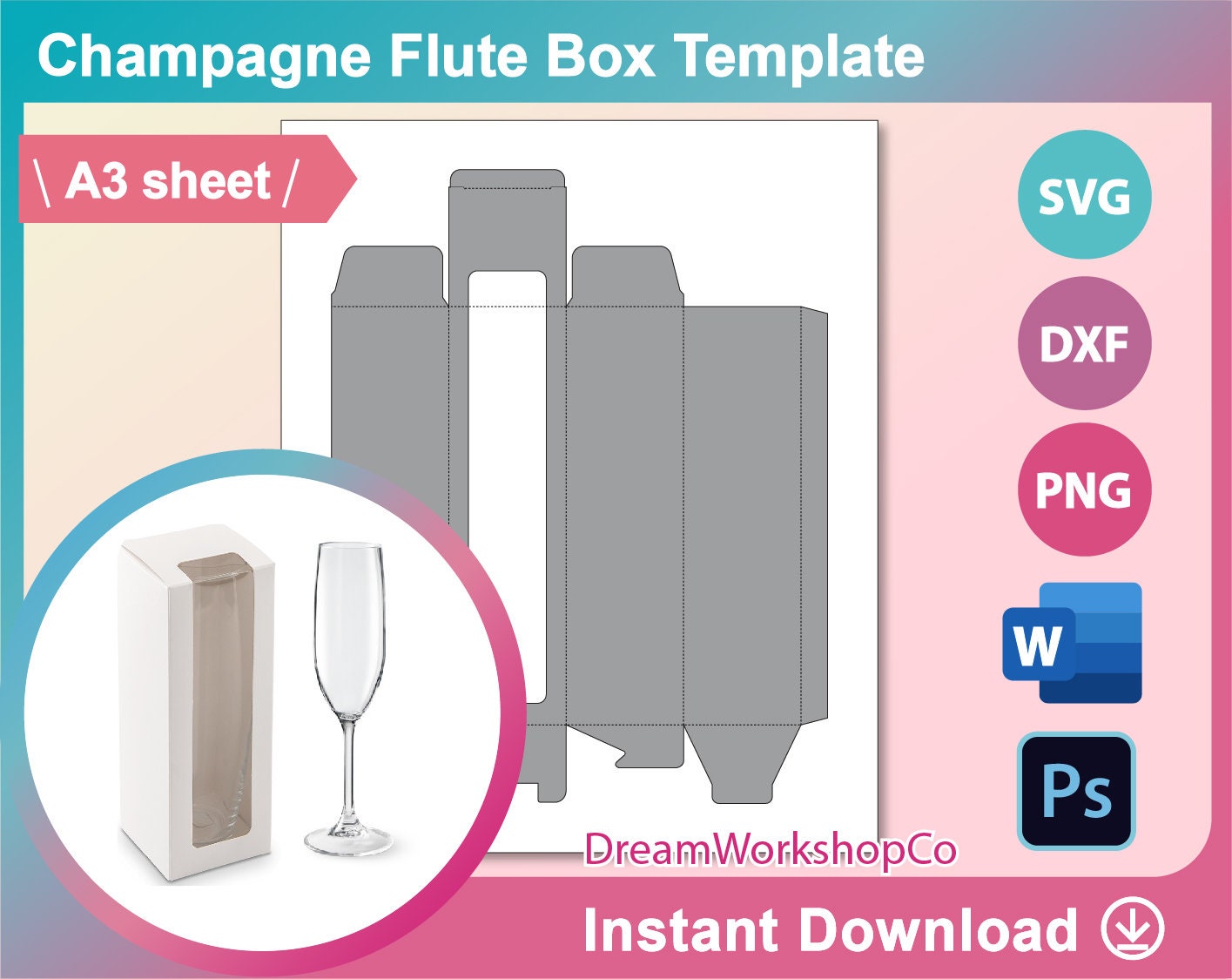 Champagne Flute Box Wine Glass Box Template Ms word PSD Etsy