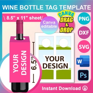 Wine Bottle Tags template, 750ml Wine Bottle Tags template, Canva, SVG, DXF, Ms Word Docx, Png, Psd, 8.5&quot;x11&quot; sheet, Printable