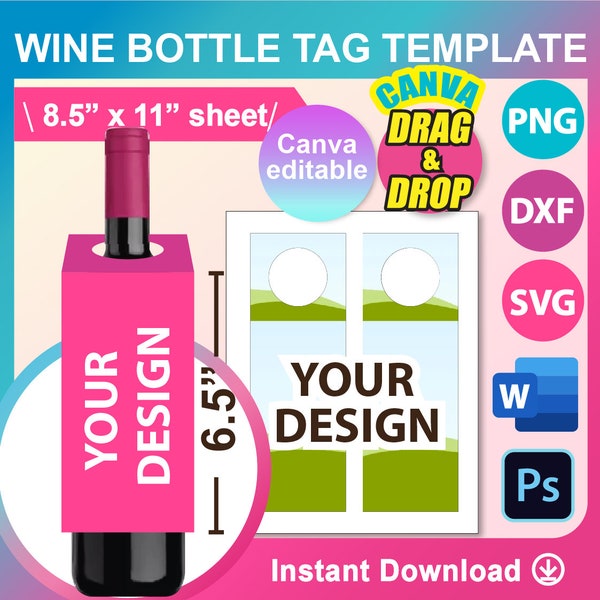 Wine Bottle Tags template, 750ml Wine Bottle Tags template, Canva, SVG, DXF, Ms Word Docx, Png, Psd, 8.5"x11" sheet, Printable