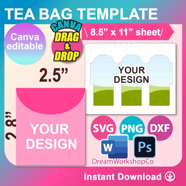 Tea Bag Envelope Template, Seed Packet Template, Canva, Ms word, PSD, PNG, SVG, Dxf, 8.5x11" sheet, Printable, Instant Download