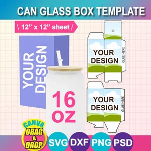 Szablon na puszkę szklaną o pojemności 16 uncji z pokrywką, pudełko na puszkę piwa, Canva, Ms Word, PSD, PNG, SVG, DXF, arkusz 12x12, do druku, do natychmiastowego pobrania