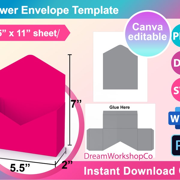 Modèle d’enveloppe de fleurs, Modèle de boîte d’enveloppe de fleurs, Modèle vierge, Canva, Ms word, PSD, PNG, SVG, Dxf, feuille 12 x 12, imprimable