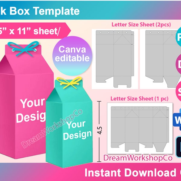 Milk Box Template, Milk Carton Template, Box template, SVG, DXF, Ms Word Docx, Png, Psd, 8.5"x11" sheet, Printable