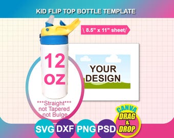 Modelo de garrafa de água infantil com tampa flip-top de 355ml: Sublimação, Canva, SVG, DXF, PSD, PNG