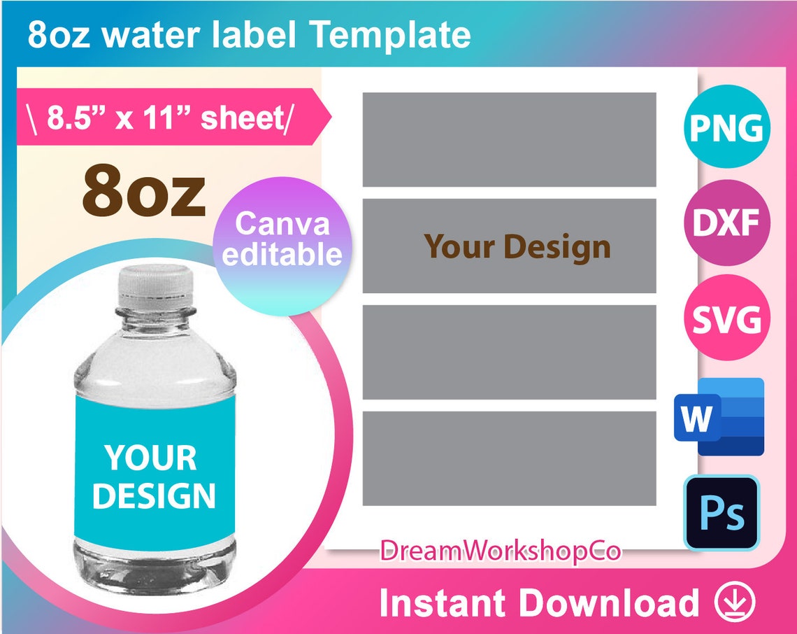 8oz Water Bottle Label Mini Water Bottle Labels Water Bottle Etsy