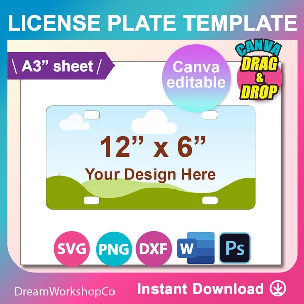 Car License Plate Sublimation Template, Canva, SVG, DXF, Ms Word Docx, Png, Psd, A3 sheet, Printable