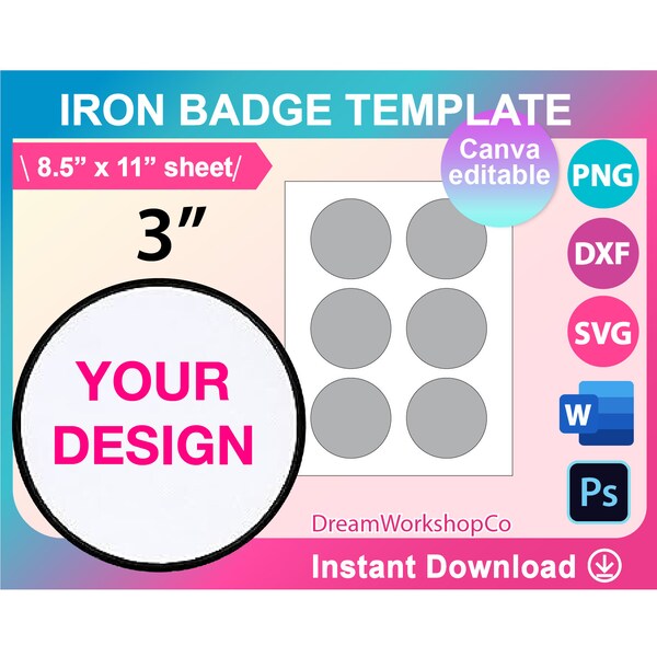 Round Iron Patch Template, Iron on Patch, Sublimation template SVG, DXF, Canva, Ms Word Docx, Png, Psd