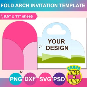 Uitnodigingssjabloon boogvouw, boogvormige uitnodigingssjabloon 5 x 7 inch, huwelijksuitnodiging met envelopsjabloon, canvas, PSD, SVG, DXF