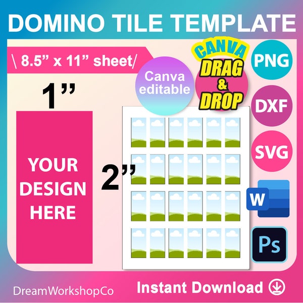 1x2 Domino Tile Template, SVG, DXF, Canva, Ms Word docx, Png, Psd, 8.5"x11" sheet, Printable, Instant Download
