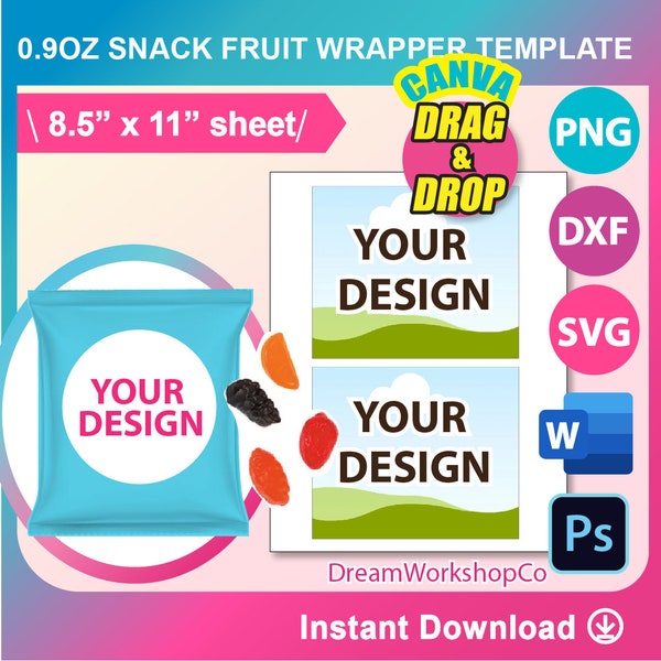 0.9oz Fruit Snack label wrapper Template, SVG, Canva, DXF, Ms Word Docx, Png, Psd, 8.5"x11" sheet, Printable