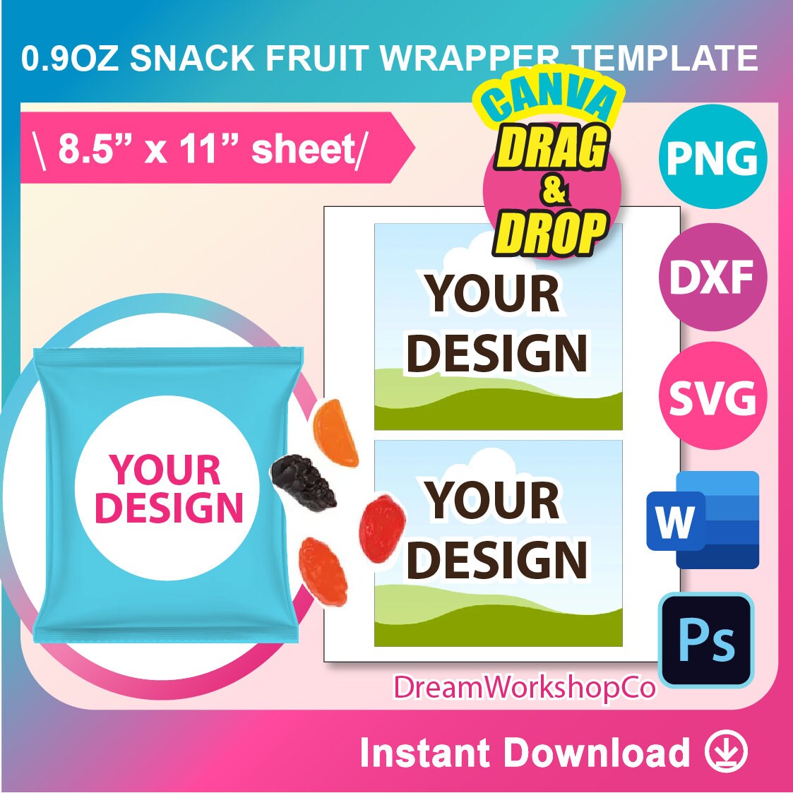 0.9oz Fruit Snack Wrapper Template: SVG, Canva, PNG, PSD, Docx (8.5"x11" Sheet) (Digital Download)