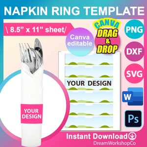Serviettenringe Template, Serviettenverpackungen, Canva, Ms word, PSD, PNG, SVG, Dxf, 8,5x11 Zoll bedruckbar, Instant Download