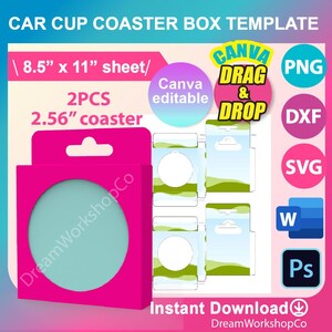 Pode incluir: Modelo imprimível para uma caixa de apoio de copo de carro. O modelo é para um apoio de copo de 2,56 polegadas e é projetado para ser usado com Canva. O modelo inclui uma caixa rosa com um círculo recortado para o apoio de copo, e um fundo verde e azul com um design de nuvem. O modelo está disponível nos formatos PNG, DXF, SVG e PSD.