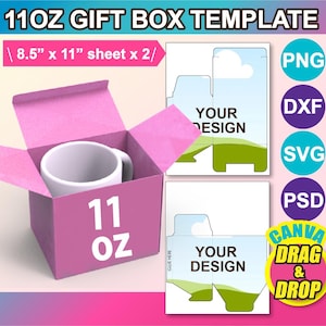 以下が含まれることがあります： 白いマグカップが入ったピンクの11オンスのギフトボックスのテンプレート。このテンプレートはCanvaで使用するために設計されており、デザインをドラッグアンドドロップするための手順が含まれています。テンプレートはPNG、DXF、SVG、PSD形式で入手できます。