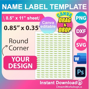 Round Corner Name Label Template, Pencil Label template, SVG, DXF, Ms Word Docx, Png, Psd, 8.5&quot;x11&quot; sheet, Printable