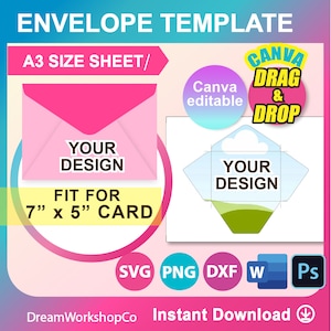 Puede incluir: Una plantilla de sobre rosa y blanca para una tarjeta de 17,8 cm x 12,7 cm. La plantilla está diseñada para usar con Canva e incluye una función de arrastrar y soltar. La plantilla está disponible en los formatos SVG, PNG, DXF y Word. El texto en la imagen dice "ENVELOPE TEMPLATE", "A3 SIZE SHEET", "Canva editable", "CANVA DRAG & DROP", "YOUR DESIGN", "FIT FOR 7" x 5" CARD", "SVG PNG DXF W Ps", "DreamWorkshopCo", "Instant Download".