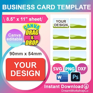 Modèle de carte de visite, SVG, DXF, Canva, MS Word docx, Png, Psd, feuille 8,5 x 11 po, imprimable, téléchargement immédiat