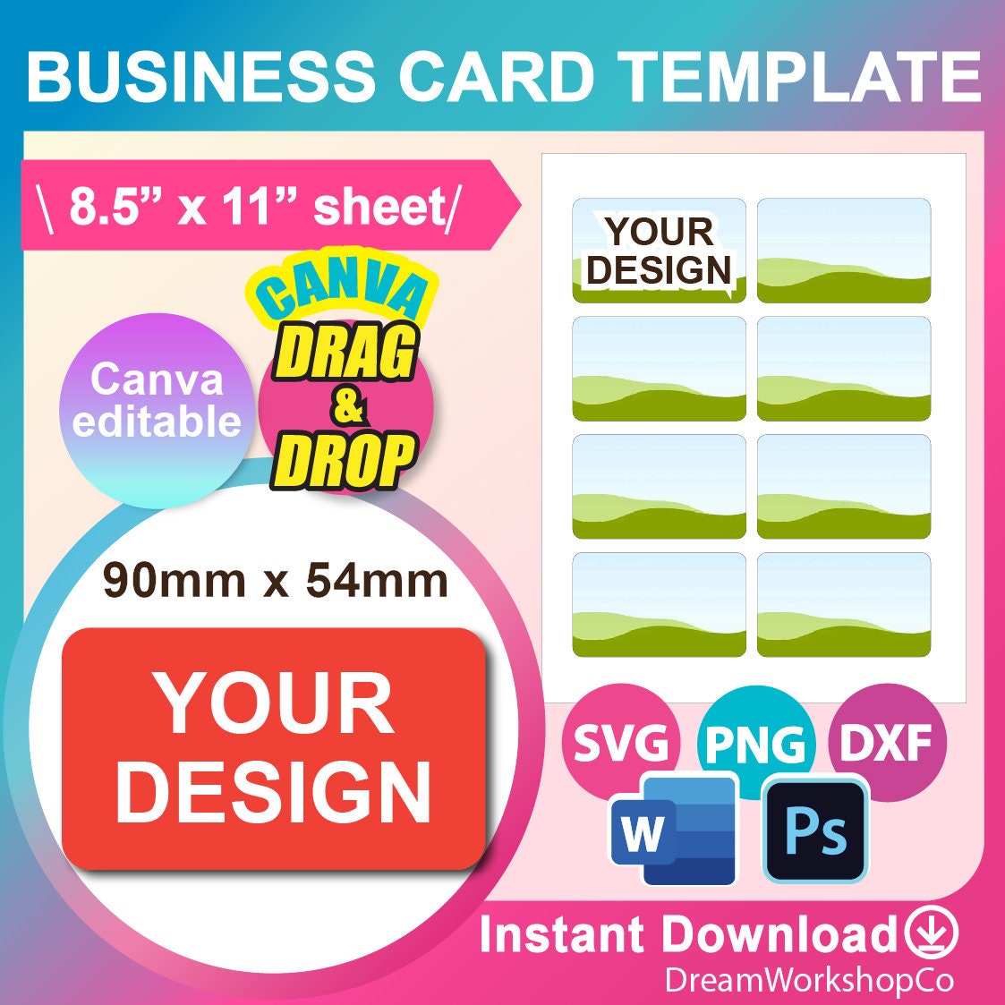 Business Card Template, SVG, DXF, Canva, Ms Word Docx, Png, Psd, 8.5x11  Sheet, Printable, Instant Download -  Denmark