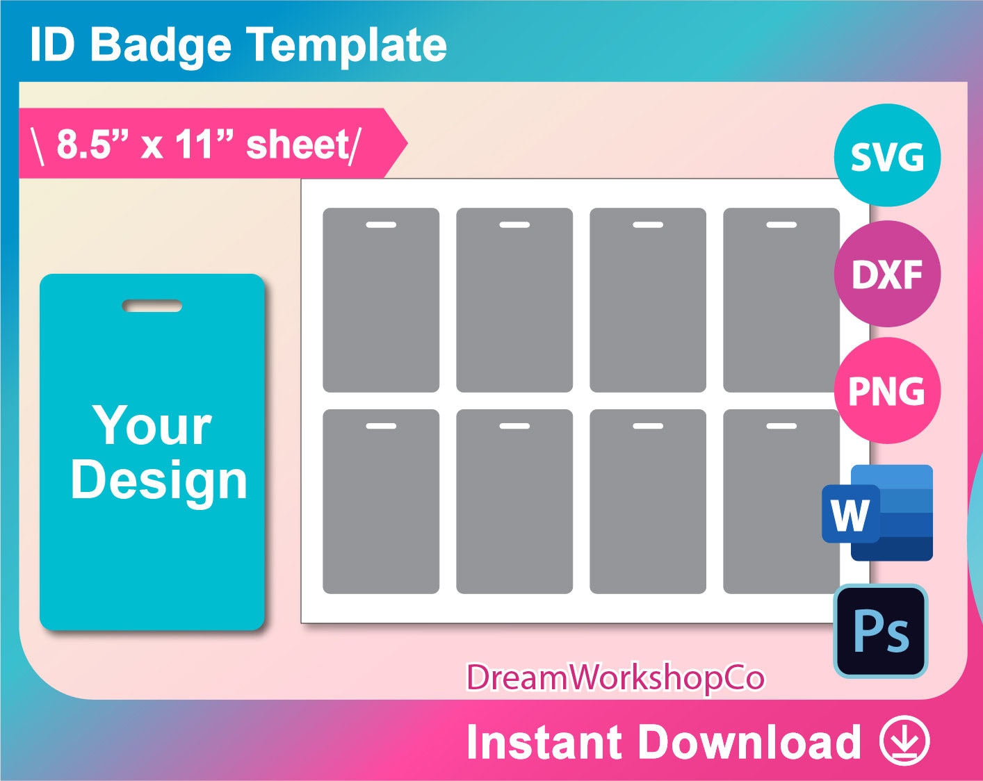 ID Badge Template, Id Badge Blank Template, Canva, SVG, DXF, Ms Word Docx, Png, Psd, 8.5